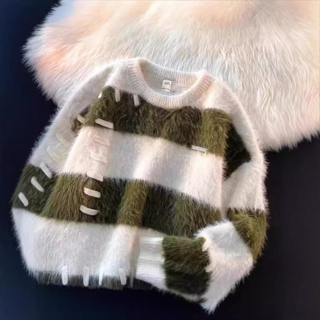 

Японский полосатый ленивый свитер в корейском стиле 2024 - Свободная вязка, круглый вырез для осени/зимы M зелёный