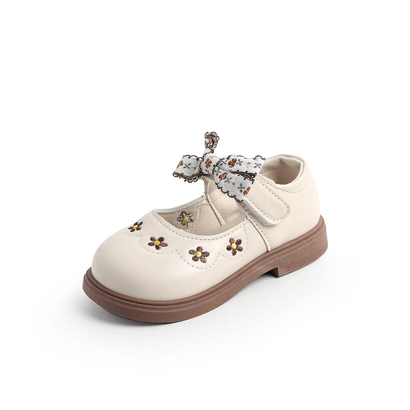 Girls Leather Shoes Sweet Flower Kids Flats Round Toes Cute Bow 2025 New Fashion Girls Princess Shoes Non-slip Soft Sole Ins