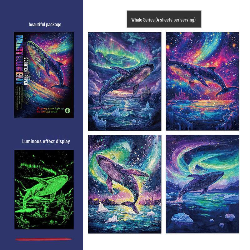 A4 Glow-in-the-Dark Scratch Painting Book: Colorful Butterflies, Whales & Sand Art.