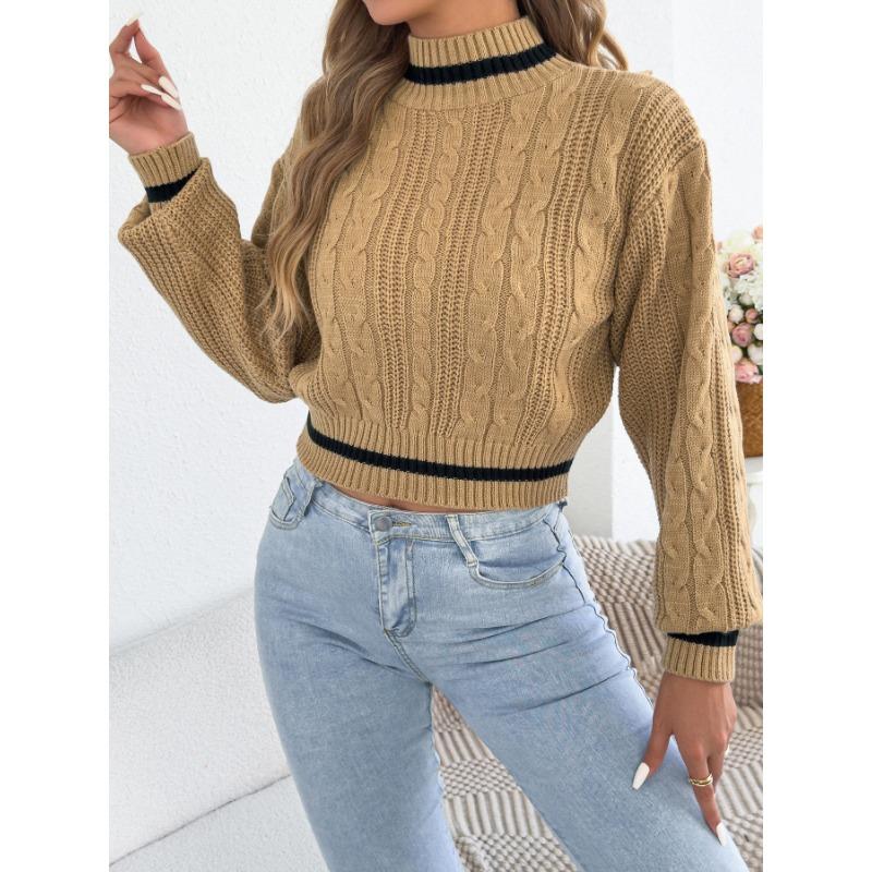 Women S Casual Color Block Half High Neck Waist Tightened Lantern Sleeve Sweater