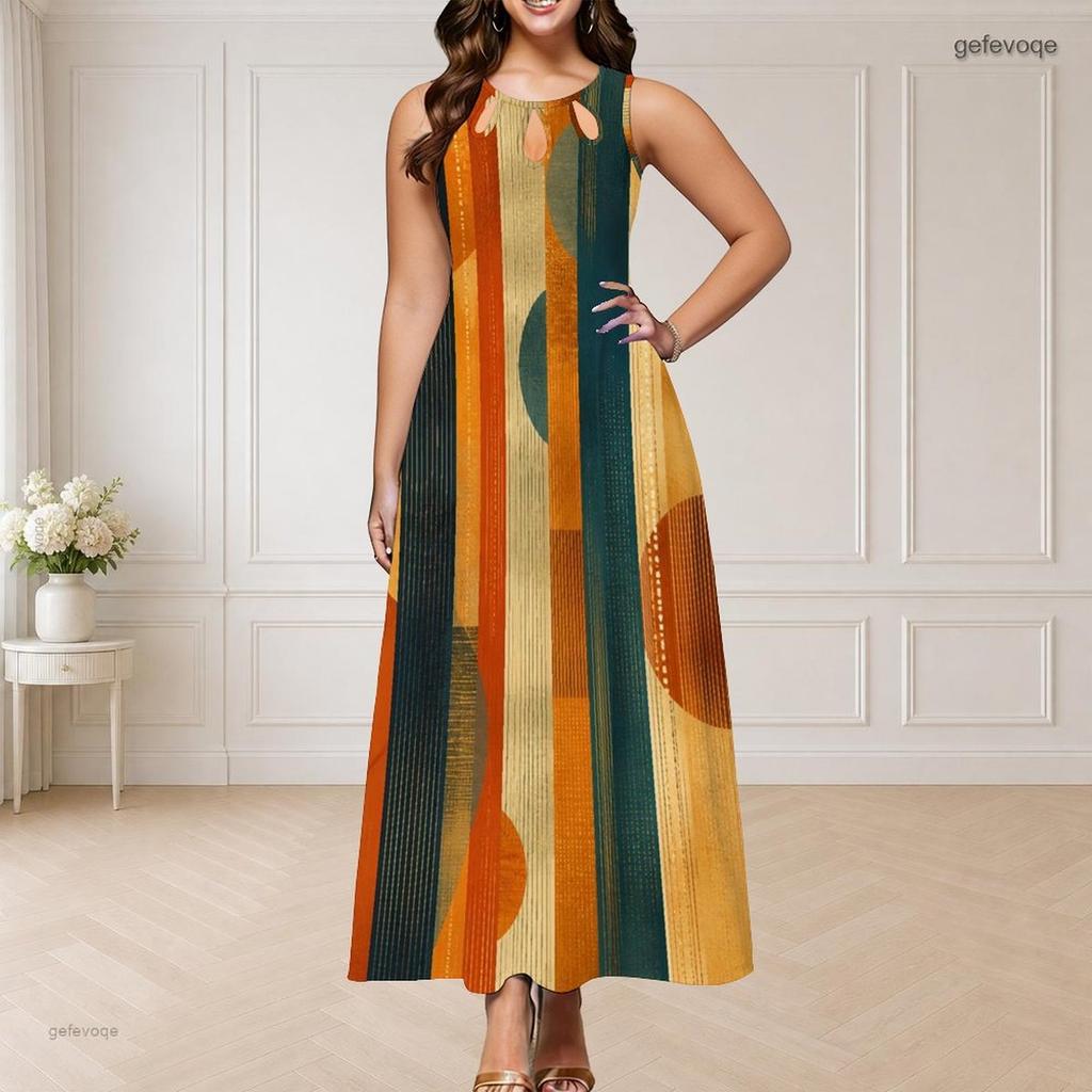 Women Plus Size Round Neck Triple Keyhole Cutout Sleeveless Printed Long Dress