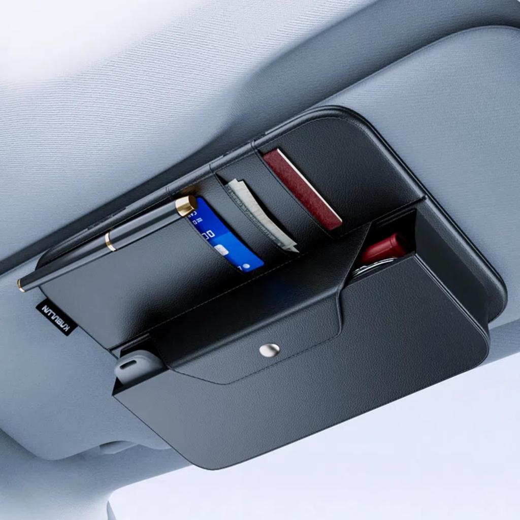 EXCEREY Car Sun Visor Pocket, Magnetic Multi-functional Leather Card Holder, Separate Storage, Separate Storage