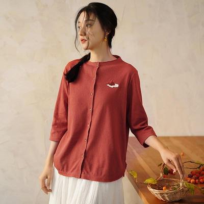 Camicie Maglie Ricamate da Donna Girocollo Bottoni Misto Cotone Primavera Tinta Unita Casual Morbide Camicie da Donna
