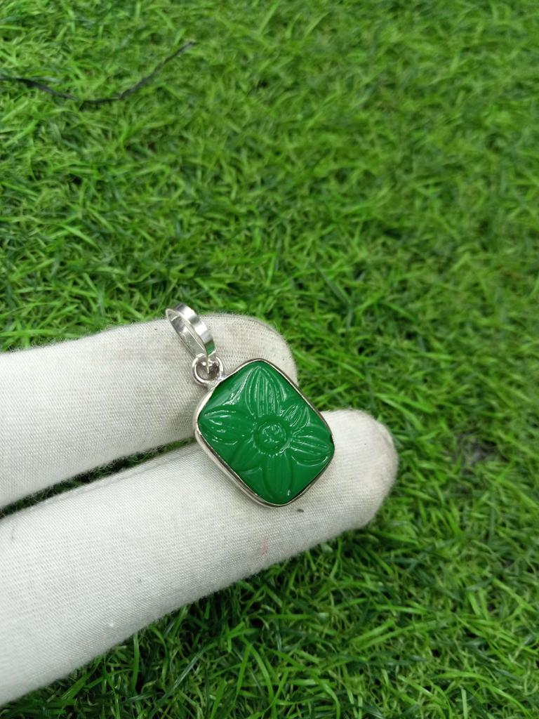 Carving Glass Gemstone 925 Sterling Silver Plated Bezel Pendant DEP-661