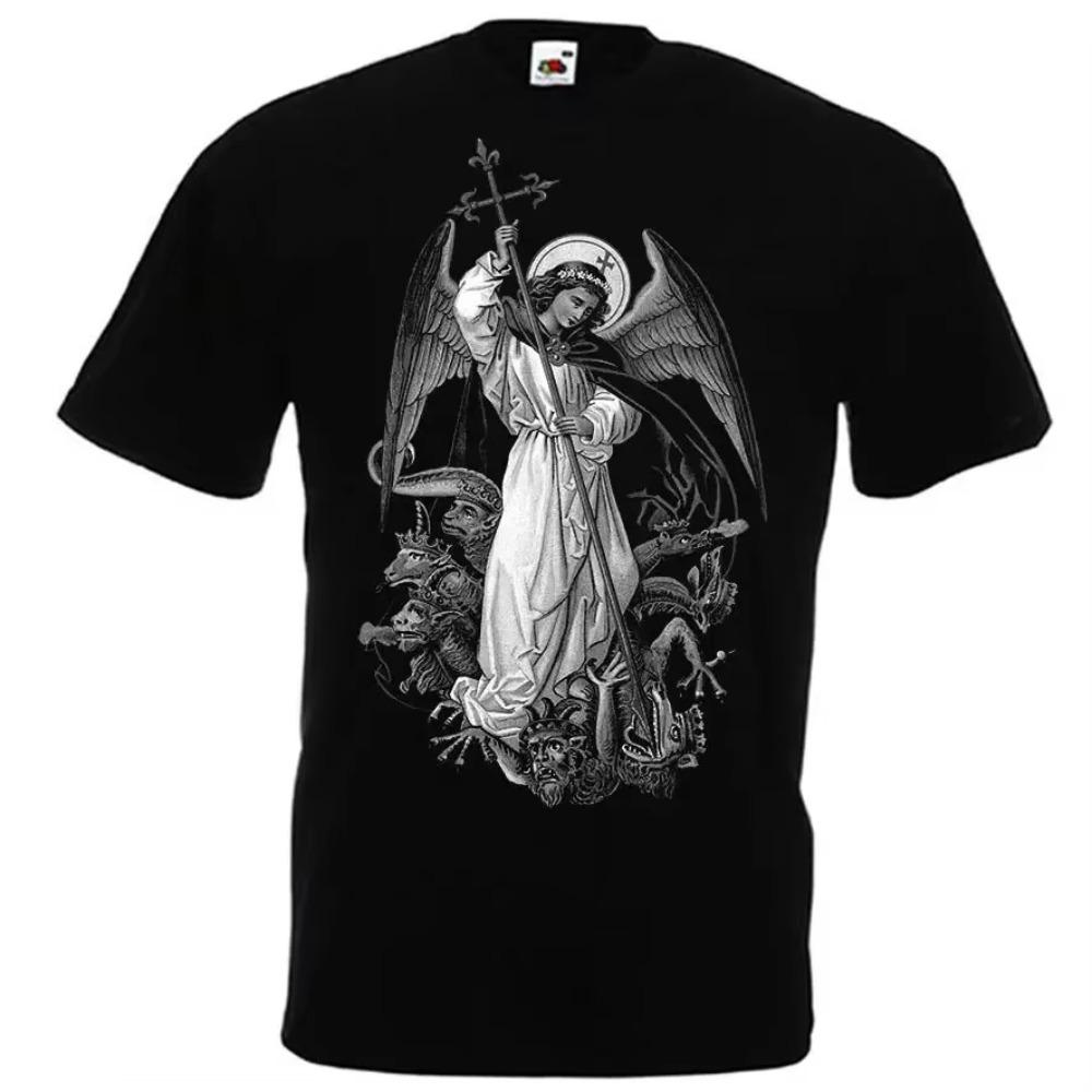 Erzengel Michael Zerstöre Teufel Katholisch T-Shirt. Premium Baumwolle Kurzarm O-Ausschnitt Herren T-Shirt Neu S-3XL