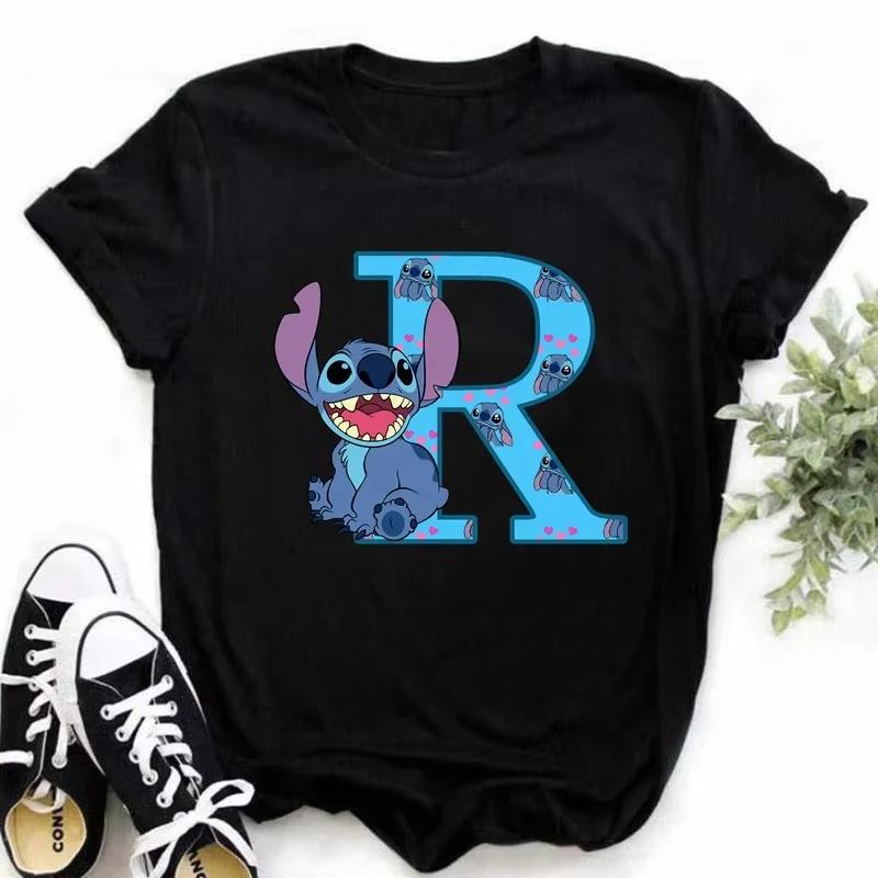 T-shirt pour femme Alphabet A-Z Kawaii Dessin Animé Imprimé Manches Courtes T-shirt Femme Disney Été Décontracté Vêtements Dessin Animé T-shirt
