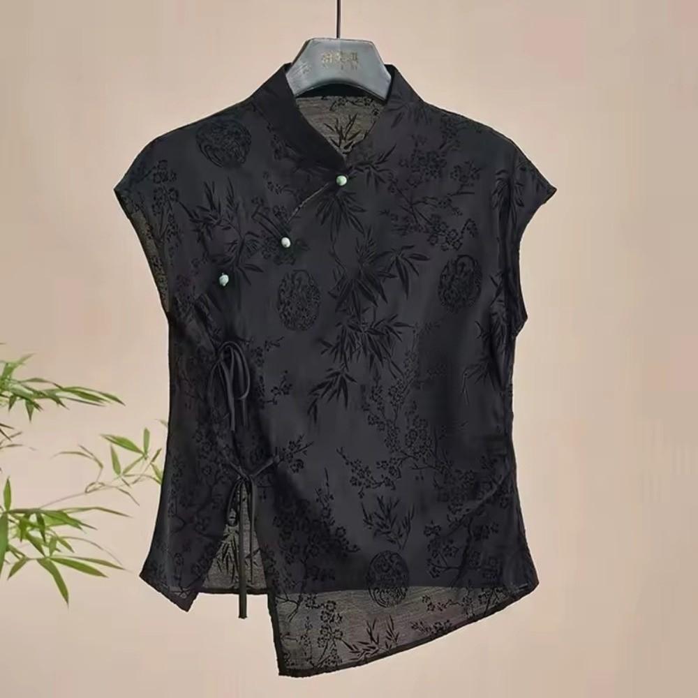 Short Sleeve Cheongsam T-Shirt Jacquard Weave Slanting Lapel Top Summer Outfit