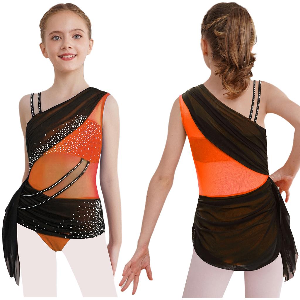 Girls Lyrical Dance Dress Color Block Design Sheer Mesh Ruched Overlay Asymmetrical Glittery Rhinestones Dress