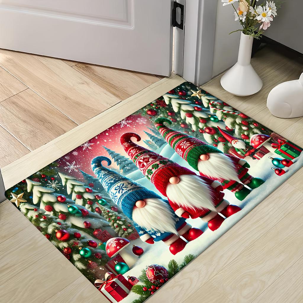 Christmas Gnome Flannel Door Mat Carpet, Skid Pad Design Non-Slip for Kitchen Living Room Bedroom Bathroom Decor