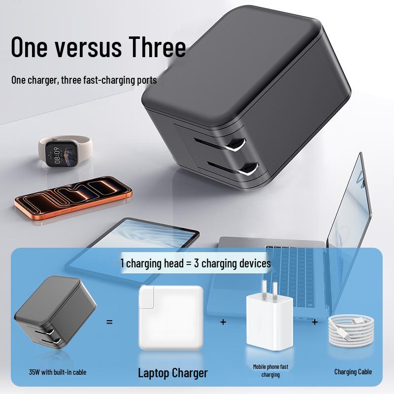 Gallium Nitride Multi-functional Charger with Retractable Cable for Huawei & Apple Devices