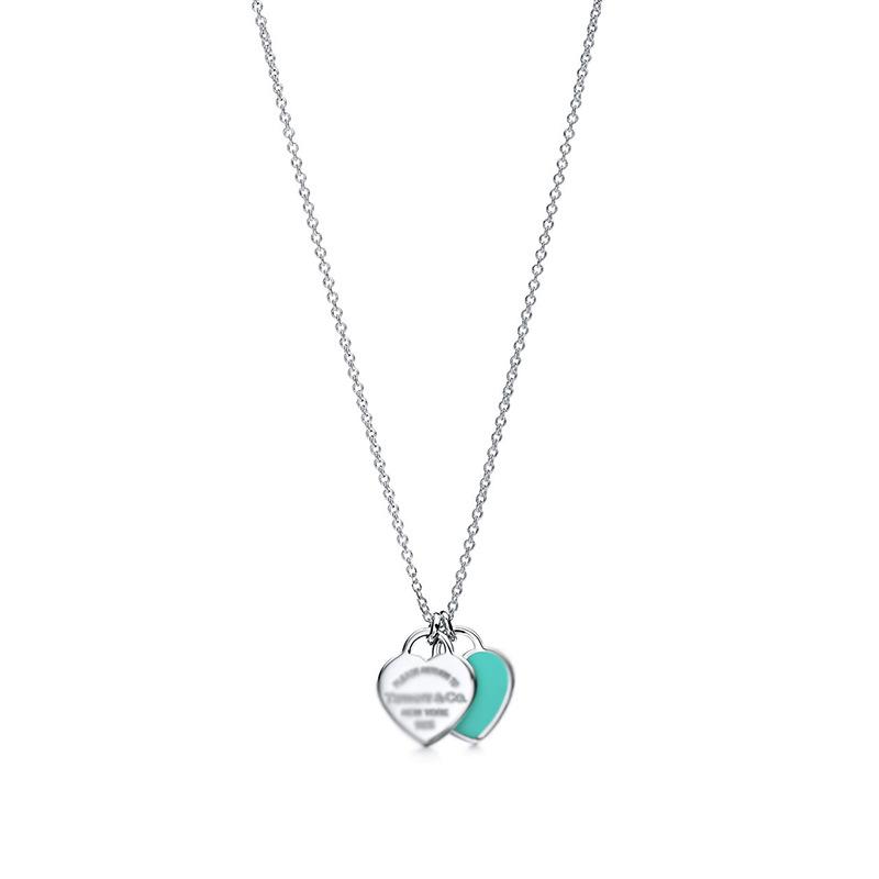 T Family 925 Sterling Silber Doppelherz Emaille Halskette mit Rosa und Blauem Herzanhänger für Damen 925 Sterling Silver white