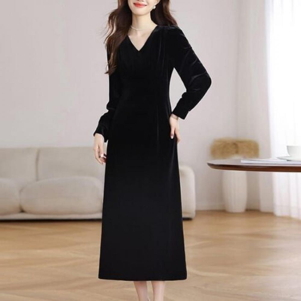 NaVaVa Women VelVet V Neck Shirring Long sleeVe Dress No955