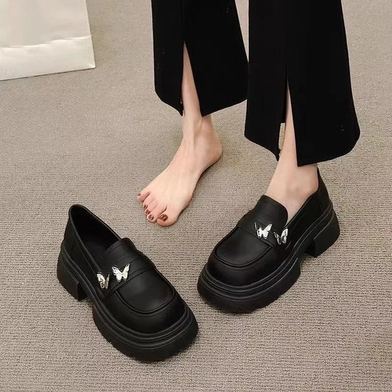 New Butterfly Black Brown Lolita Shoes Women  Casual Platform Mary Jane Female Korean Version Small Leather Shoes High Heels