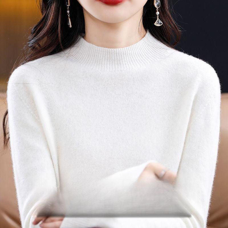 Halbhoher Pullover für Damen im Herbst und Winter, Verdickter einfarbiger lockerer Wollpullover, Kombiniert mit einem Unterhemd