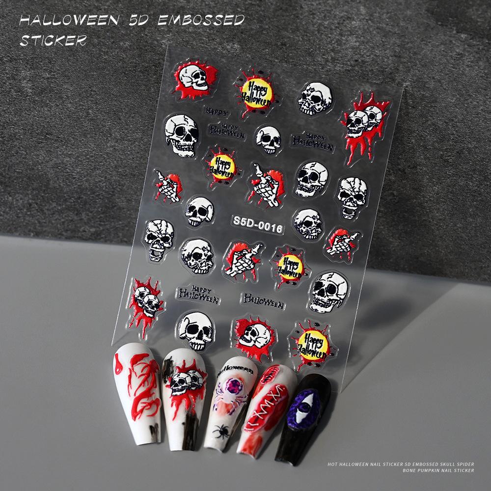Halloween Nail Art Sticker 5D Relief Skull Pumpkin Funny Nail Sticker Three-Dimensional Relief