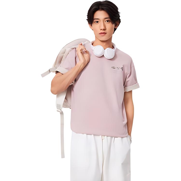 Li Ning Sports Fashion Series Letter Print Loose Round Neck Short Sleeve T-Shirt Men Tops Light-Pink AHSUA29-3