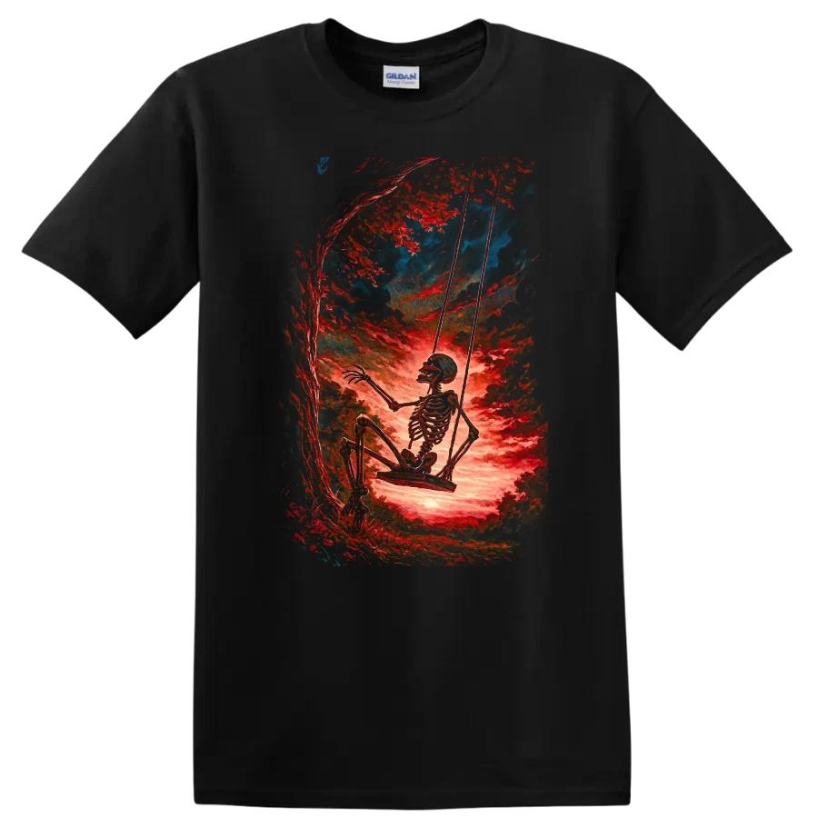 Skeleton Swinging T Shirt Creepy Halloween Ghostly Design Graphic Tee
