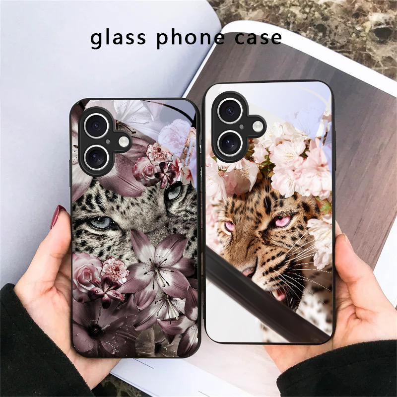 Flower Leopard Shadow For iPhone 17 Air 16 E 15 Plus 14 Pro Max 13 12 Mini 11 5 6 7 8 Plus XR XSMax SE Black Glass Phone Case