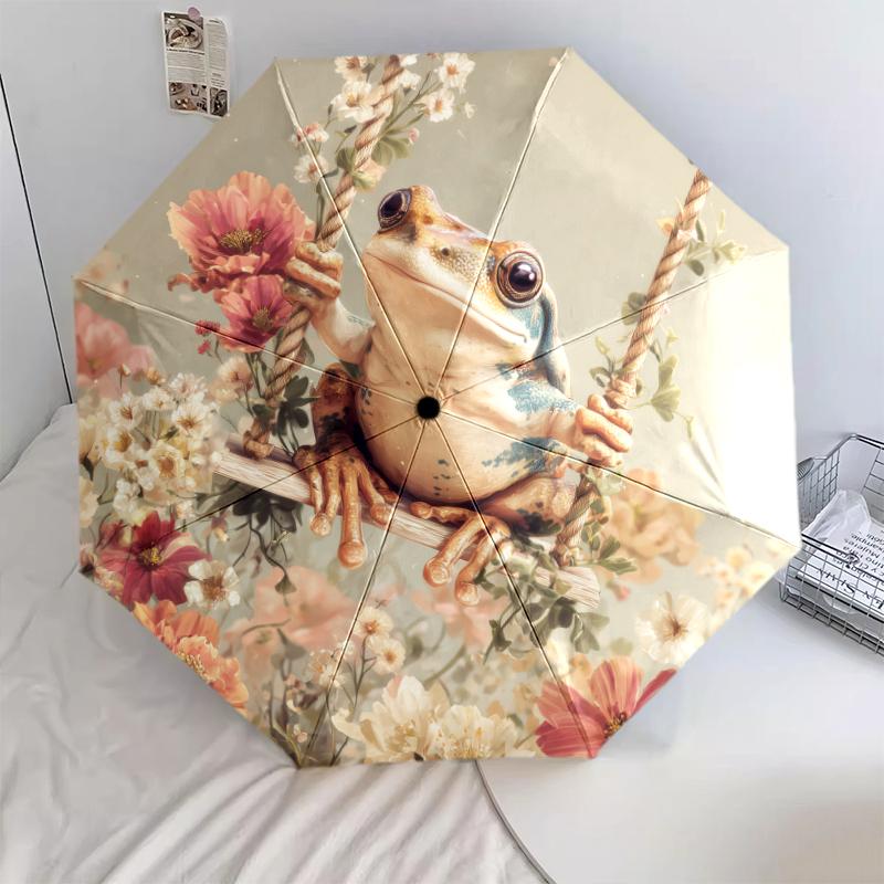 Frog and Flowers pattern, automatic folding umbrella, portable and foldable design, 8 ribs, a Christmas or birthday gift.