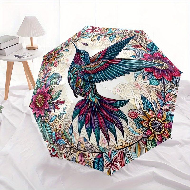 1pc Hummingbird Floral Automatic Open/close Folding Compact Umbrella, 8 Rib Sturdy Canopy, Lightweight Portable, Everyday Use, Gift,,124