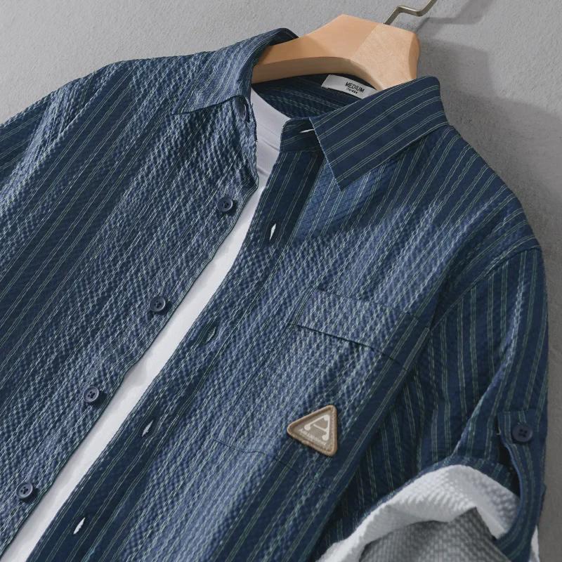 Men's Summer Striped Short-Sleeve Shirt with Bubble Texture - Trendy and Comfortable, Five-Point Sleeves 944
