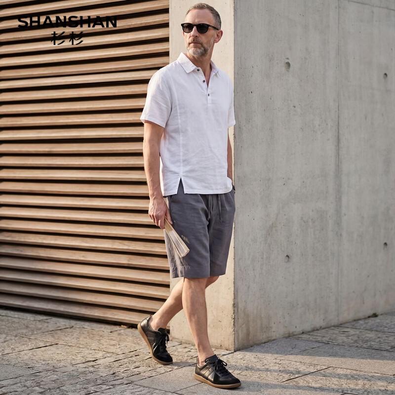 

SHANSHAN Men s 100% Linen Ice Silk Cool Anti-Wrinkle Polo Shirt & Shorts Set XL/180