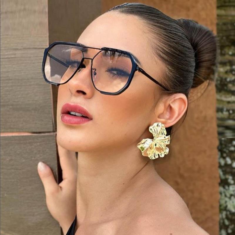 Attractive Glasses Women's Polygon Metal Sunglasses Frame Square Flat Top Double Bridges Punk Fashion Male Driving Sun Glasses Champagne Shades New