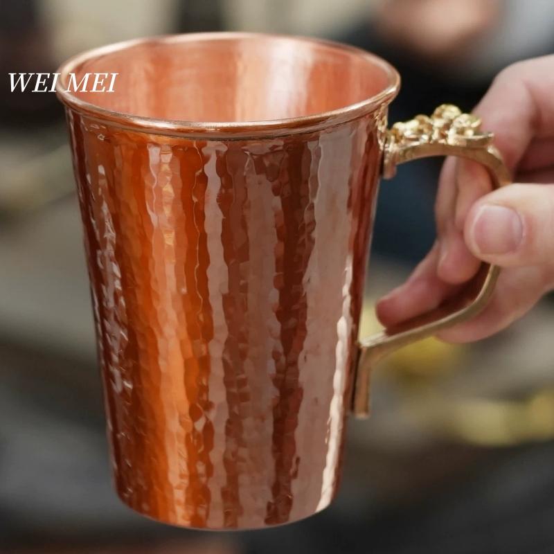 Vintage Pure Copper Coffee Mug,360 ml Cold Drink Cup, For Camping Handcrafted Luster Hammer Texture Home Tea Cup Drinkware