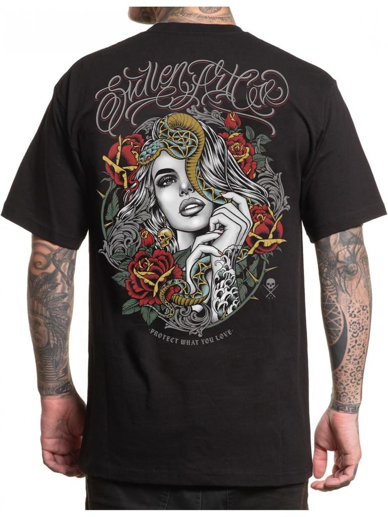 Sullen Men's Slim Fit Bohemian Graphic T-Shirt Fatal Beauty Tattoo Lifestyle Art with Roses Dragons Skulls Black Short Sleeve