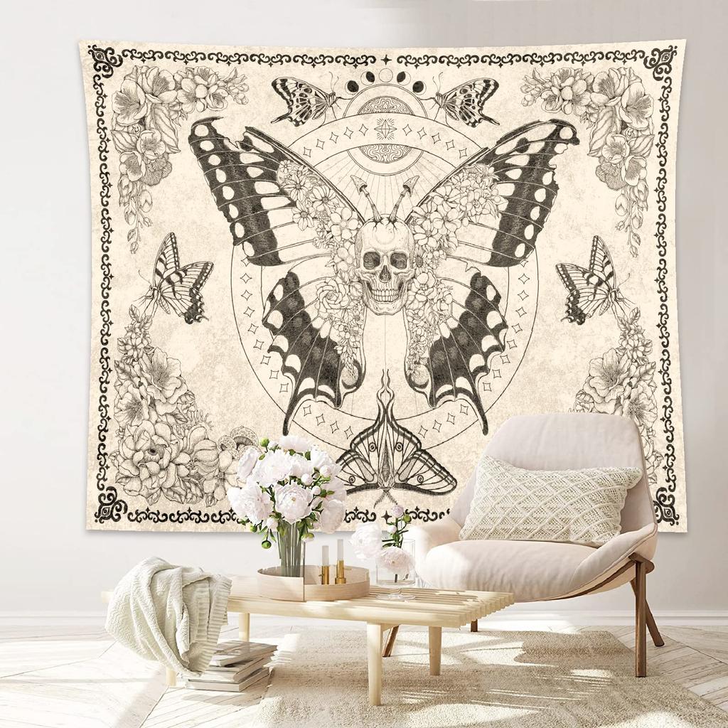 Boho Skull Tapestry Butterfly Floral Mushroom Moth Wall Decor Aesthetic Wall Hanging for Bedroom Goth Outdoor Docor Linen