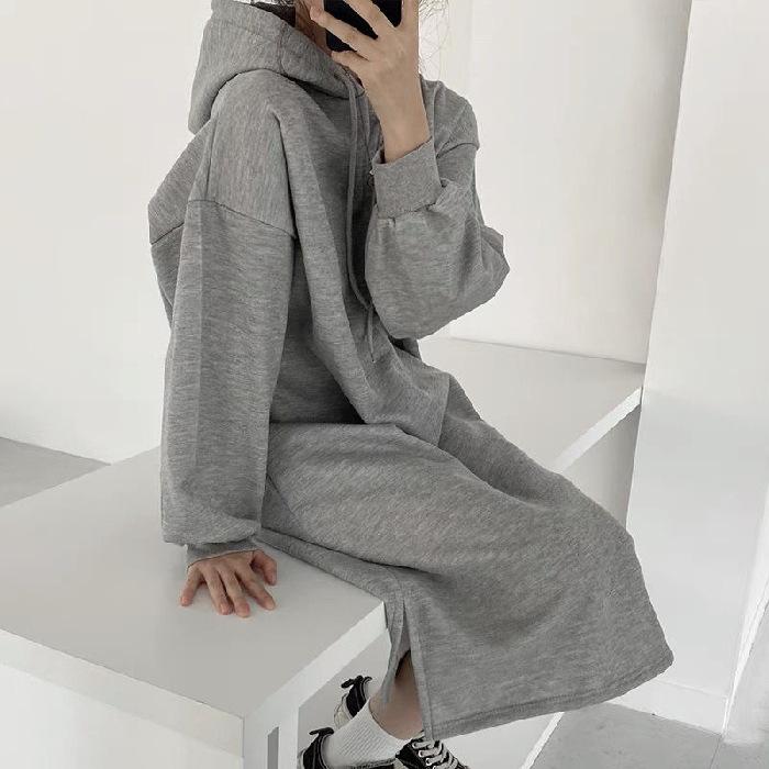 YYFS Women's Fashion Fall Winter Solid Color Print Long Sleeve Hooded Loose Waistline Casual Dresses