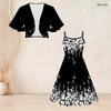 Women Plus Size Two Piece Dress Set Batwing Sleeve Cropped Shrug Strappy Floral Printed Black Flared Dress