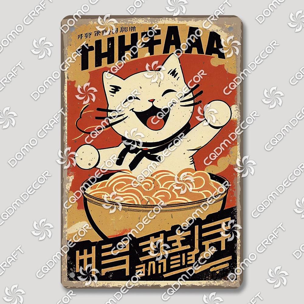 Vintage Japanese Cartoon Cat Tin Sign  Retro Ramen Sushi Takoyaki Metal Wall Art for Kitchen Bar Pub Restaurant Decor  Unique Ho