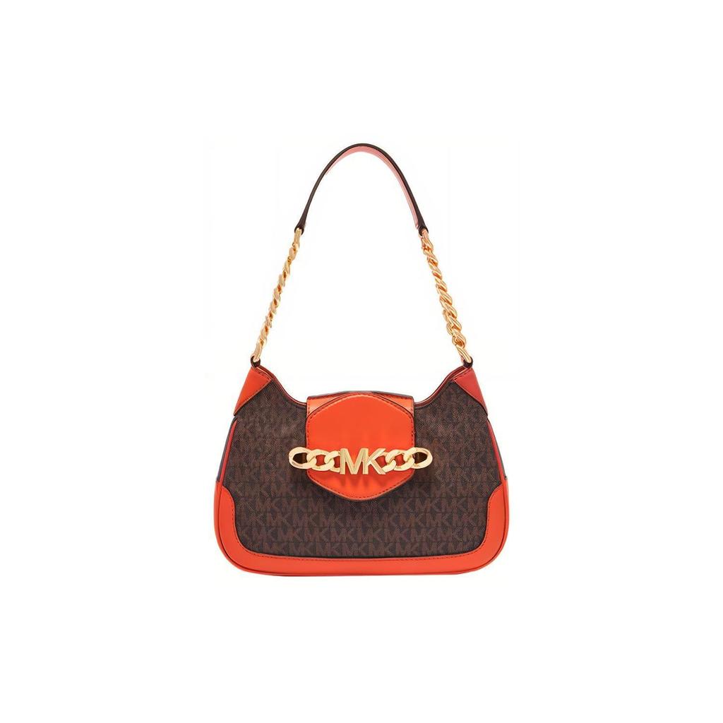 Michael Kors MK Hally Vintage Floral Chain Strap Leather And Faux Leather Tote Shoulder Bag Women handbags Dark-Brown Orange 30F1G2HL1B-843