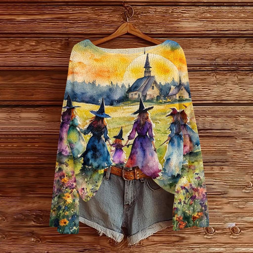 Women's Casual Long Sleeve Halloween Print Round Neck Knit Pullover Sweater Top