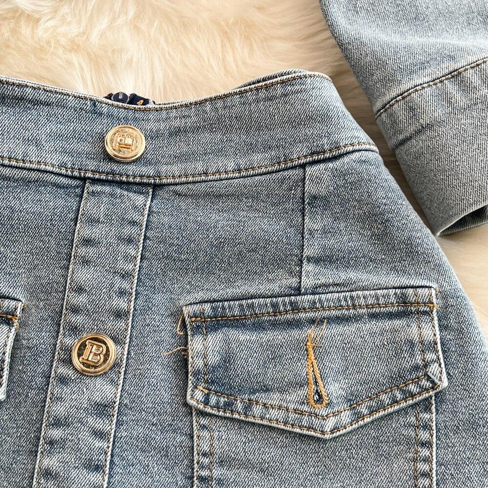 Mode Anzug Damen Jeansjacke Kurz Koreanische Slim Jacke Oberteil Zweiteiliges Set Hohe Taille Hüftumspielender Rock Frühling