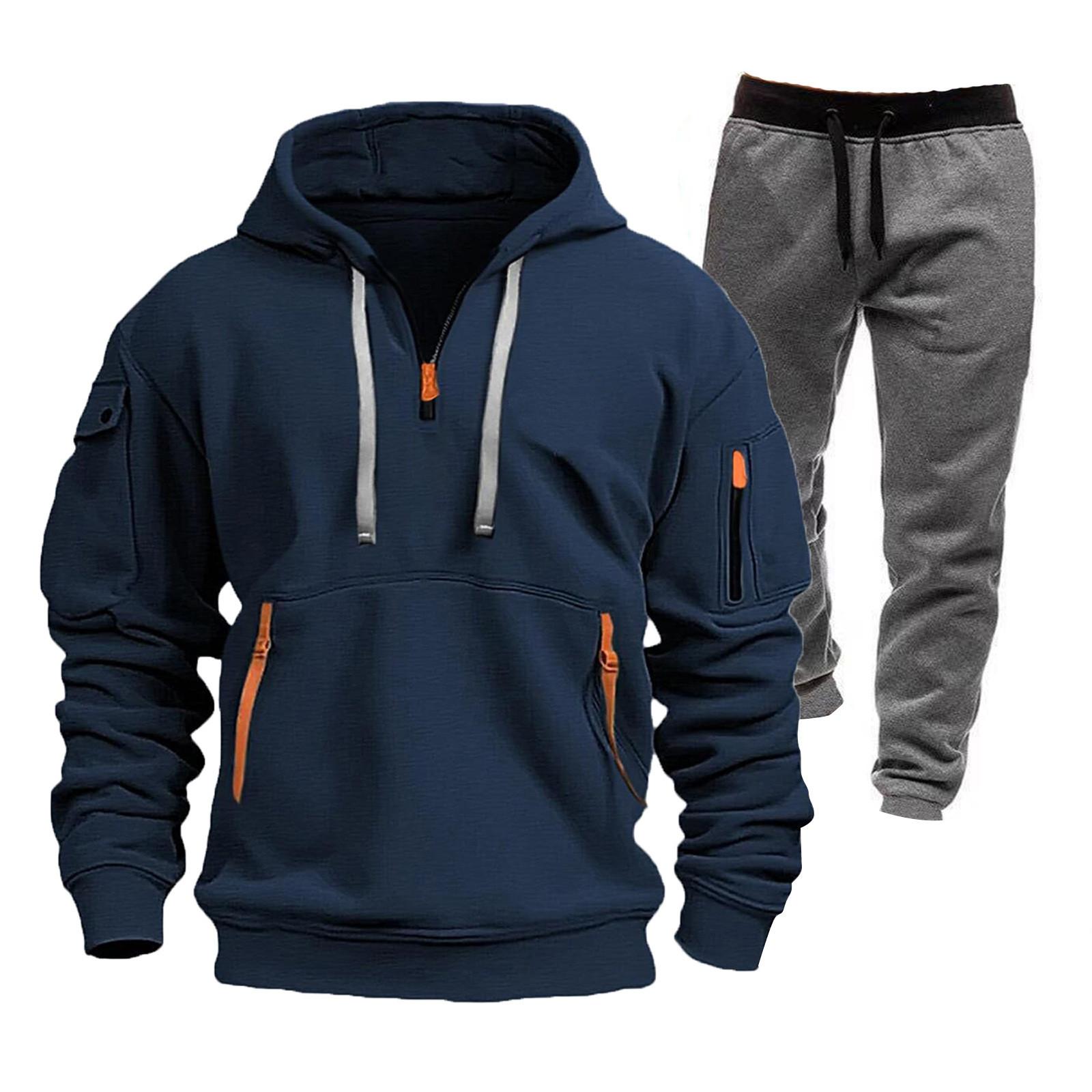 

Men s Winter Fleece Multi-pocket Zipper Sweatshirt Suit Personalized Casual Hoodie Suit XL Темно-синій