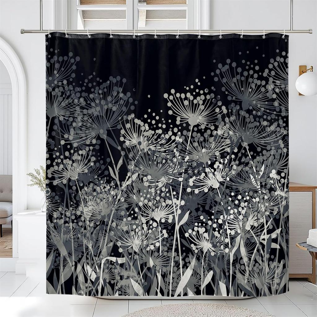 Renaiss Black and White Dandelion Shower Curtain Abstract Cute Floral Pattern Shower Curtain for Bathroom Art Painting Firework Design Shower