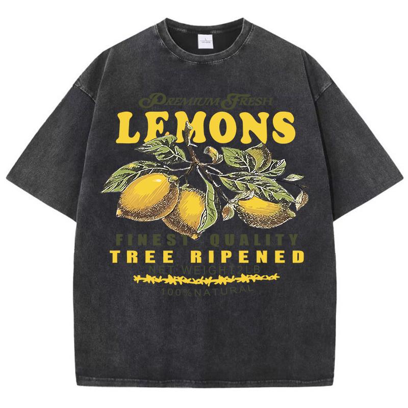 Premium Fresh Lemons Fruit Print Women Washed T-Shirts Y2K Comfortable Short Sleeve Loose All-Match T Shirt Cotton Hip Hop Top