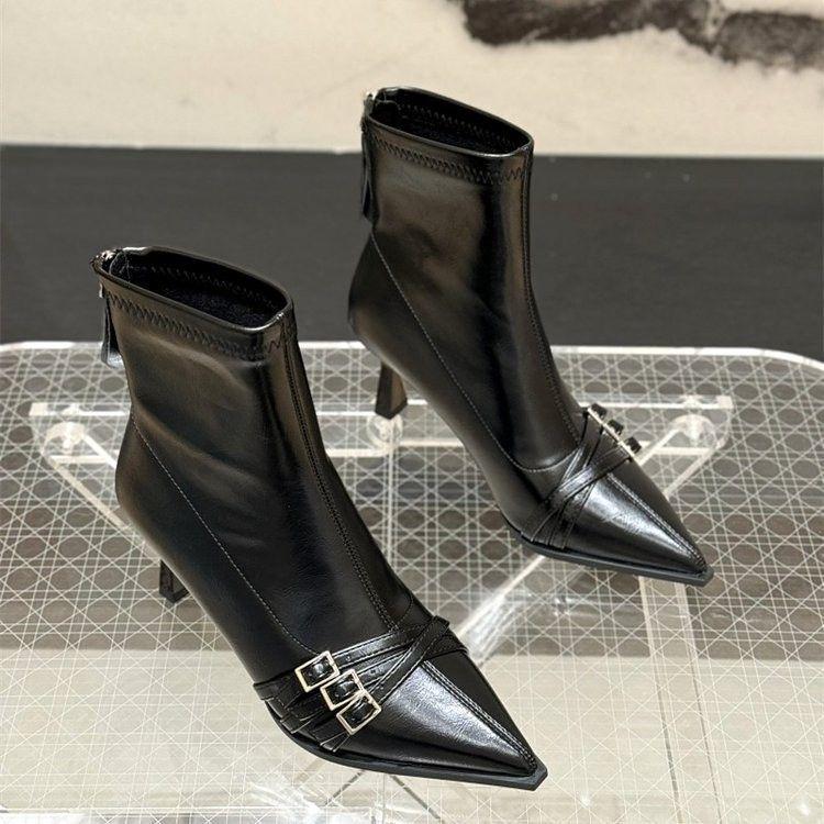 Korean Style High-End Stiletto Ankle Boots for Women - 2025 New Autumn/Winter Collection with Pointed Toe, Elastic Fit, and Buckle Detail