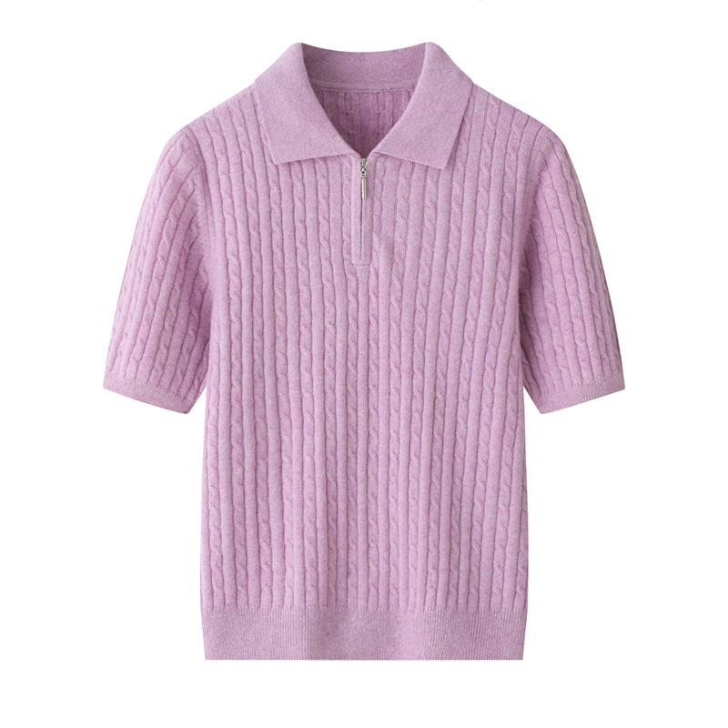 Korean Style Twisted Cable Knit Polo with Retro Cashmere Short Sleeves