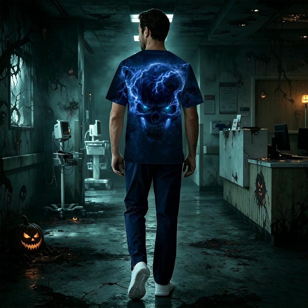 Herren V-Ausschnitt Kurzarm Kasack mit Aufdruck und Brusttasche für Halloween