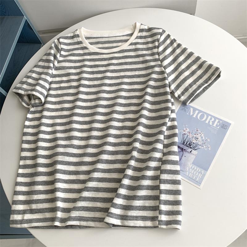 2025 Summer Women's Striped Cotton-Linen Short-Sleeve Round Neck Top, Korean Style