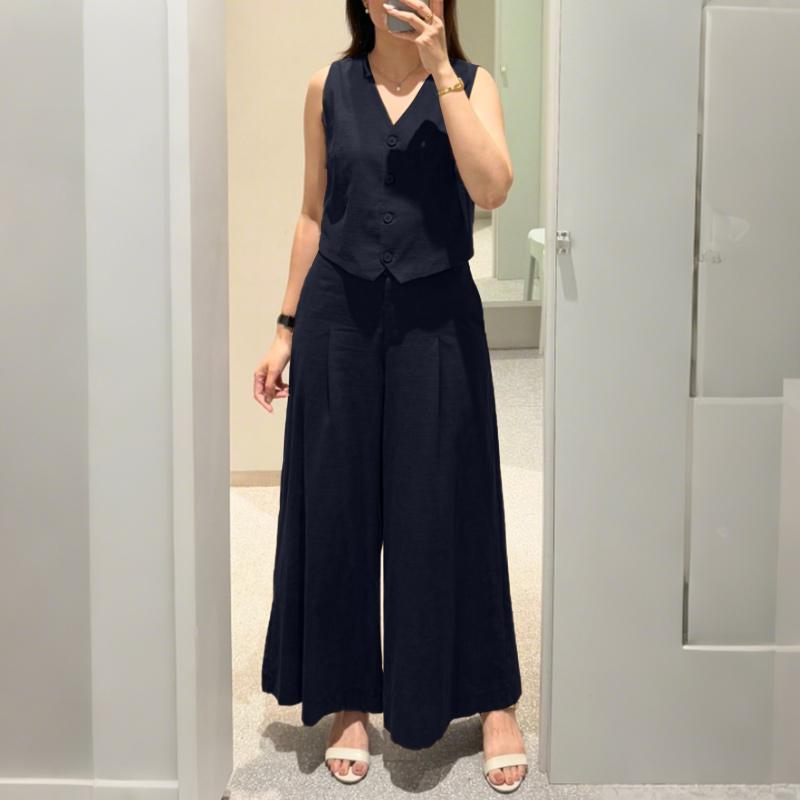 ZANZEA Tops sin mangas y pantalones de pierna ancha para mujer, conjuntos casuales de dos piezas