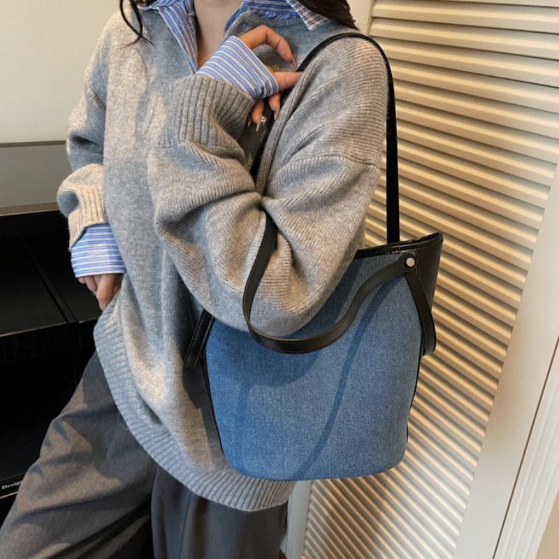 New Korean Style Patchwork Shoulder Bag Large Capacity Denim Tote Handbag for Women Fashiable and Versatile Commuting Bag