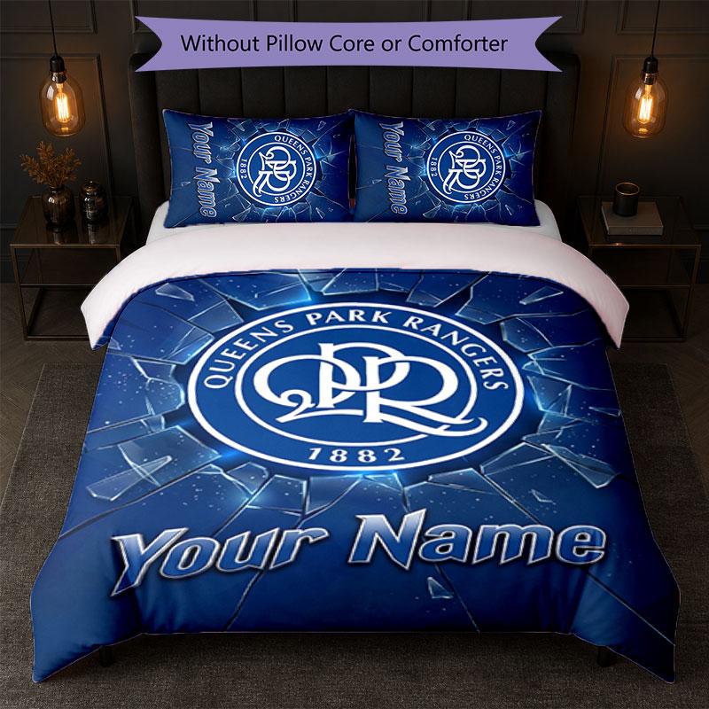 Queens Park Rangers FC Set Biancheria da Letto con Testo Nome Personalizzato 1 Copripiumino+2 Federe Logo Calcio Regalo Personalizzato per Occasione Speciale Decorazione Camera da Letto