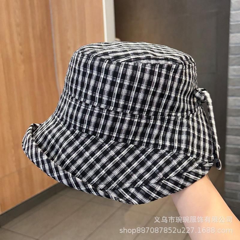 Spring and summer new plaid bow sunshade fisherman's hat children's outdoor face covering, small face versatile sunscreen basin hat