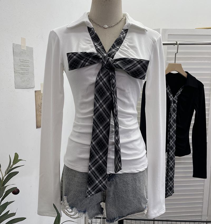 Spicy Girl V-Neck Bow Tie Lace-Up Long Sleeve Slim Pleated Top