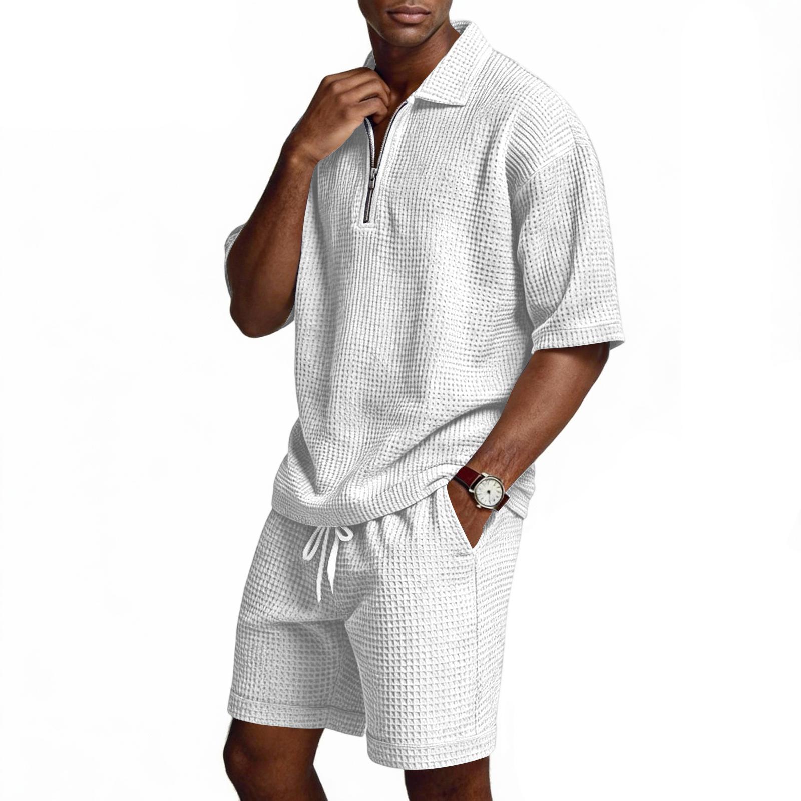 

Men s Summer -color Quarter-zip Casual Loose Short-sleeved Short Pants Set XL білий