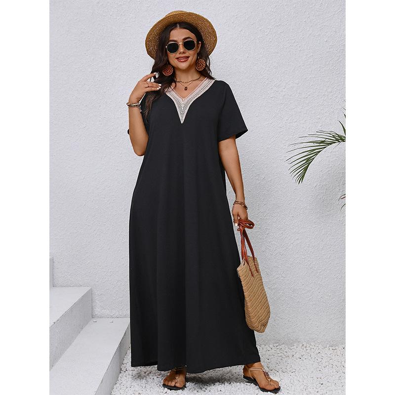Summer Plus Size V Neck Slim Fit Long Dress Elegant Black Loose Dress For Women Fashion Comfortable Versatile Dress